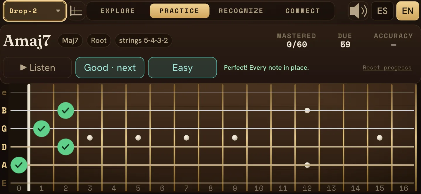 Practice mode: the app asks for a drop-2 voicing and you place the notes on the fretboard